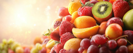 A captivating still life bursts with color and texture, showcasing nature's abundance Juicy peaches, plump strawberries, luscious grapes, and vibrant kiwi create a symphony of hues This artwork is a celebration of the season's freshest bounty, inviting viewers to savor the beauty and joy of nature's gifts AI Generativeの素材