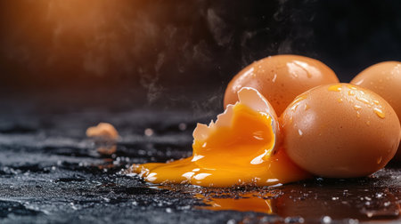A shattered eggshell rests on a sleek black surface, its vibrant yolk spilling outwards in a delicate dance The minimalist composition highlights the organic beauty of nature, emphasizing the textures and colors of the broken egg Light plays on the smooth, black background, accentuating the vibrant yolk and shattered shell, AI Generativeの素材