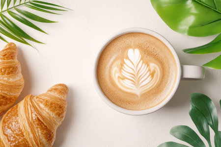 A minimalist tableau of brunch delights: golden, flaky croissants, their warmth radiating, alongside a steaming latte adorned with intricate art The gentle rise of steam adds a touch of ethereal beauty to this simple yet satisfying scene The perfect visual representation of a leisurely morning AI Generativeの素材