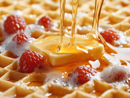 Indulge in a breakfast masterpiece: golden homemade butter melts luxuriously on warm waffles, drizzled with maple syrup and adorned with fresh raspberries The sweet and tart symphony of flavors creates a decadent morning treat that will satisfy your cravings and leave you feeling utterly spoiled AI Generativeの素材