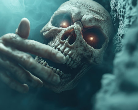 A spectral hand, glowing with dark energy, emerges from a forgotten crypt, its presence a haunting reminder of forgotten terror This eerie image, perfect for Halloween decor, blends spooky art with dark fantasy, capturing the essence of the supernatural AI Generativeの素材