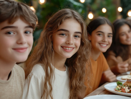 A vibrant gathering of friends, their laughter echoing through the air as they savor delicious food together The shared experience creates a warm and convivial atmosphere, making every bite and conversation a joyful celebration of friendship AI Generativeの素材