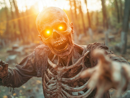 Under the ethereal glow of a full moon, a mystical zombie stands, its decaying flesh illuminated by an otherworldly radiance Supernatural energy courses through its veins, contrasting the stark decay, creating a hauntingly beautiful spectacle of life and death intertwined AI Generativeの素材