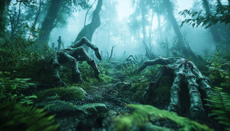 A haunting graveyard, shrouded in mist, stirs with restless spirits Twisted, skeletal hands reach from the fog-laden earth, their ghostly grip echoing the eerie silence A chilling scene, perfect for a spooky Halloween backdrop AI Generativeの素材