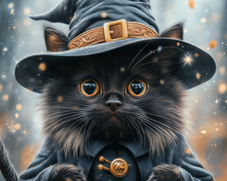 A captivating Halloween costume idea! Imagine a tiny black cat, dressed in a miniature witch's outfit, casting a spell with shimmering sparkles Its mischievous eyes gleam with magic as it conjures up a spellbinding enchantment This adorable and whimsical costume is sure to bring smiles and delight to all who AI Generativeの素材