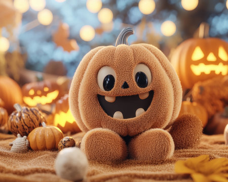 A cheerful pumpkin, dressed in a playful costume, embodies the vibrant spirit of Halloween Modern decorations add a touch of contemporary flair, creating a festive atmosphere The pumpkin's infectious grin and whimsical attire invite a playful celebration of the spooky season AI Generativeの素材
