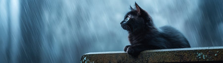A black cat, its eyes glowing with eerie luminescence, perches atop a moss-covered tombstone Shadows swirl around it, casting an ethereal aura The feline, a guardian of the dead, emanates a sense of ancient mystery and haunting beauty Its presence evokes a chilling yet captivating image of the mystical realm AI Generativeの素材