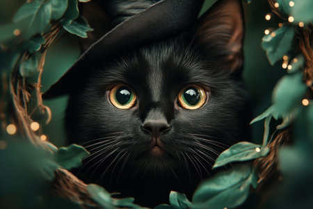 A captivating Halloween image features a charming black cat, adorned in a whimsical witch costume Sparkling magic dances around the feline as it stands amidst the mystical enchantment of an enchanted forest This captivating scene is a perfect representation of Halloween charm and wonder AI Generativeの素材