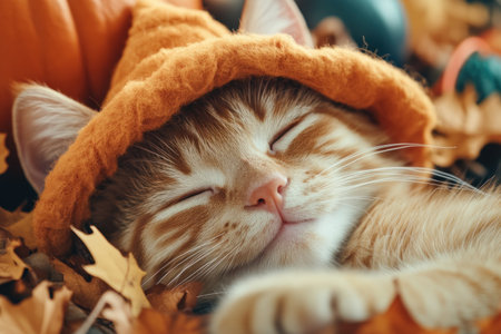 A charming feline, adorned in a pumpkin hat, naps peacefully amidst a vibrant tapestry of fall leaves This adorable autumn scene captures the essence of cozy comfort, with the sleepy kitty adding a touch of humor The pumpkin decor and orange hat blend perfectly with the season's hues, creating a AI Generativeの素材