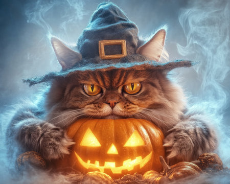 Get ready for some spooky fun with this adorable cat dressed for Halloween! Sporting a charming pumpkin hat, this feline friend holds a glowing jack-o'-lantern, ready to light up the night A perfect example of a cute and funny costume idea for your furry companion AI Generativeの素材