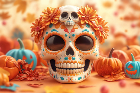 Embrace the playful spirit of Halloween with this cheerful skull adorned with a vibrant floral crown Surrounded by pumpkins in bright hues, this trendy design captures the essence of fall decor Add a touch of whimsy and color to your seasonal style with this unique and eye-catching fashion statement AI Generativeの素材