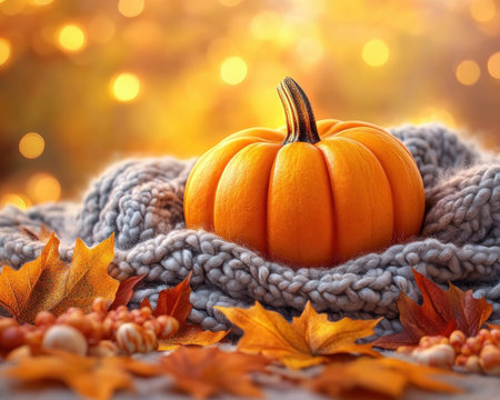 Imagine a warm, autumnal scene A glowing pumpkin sits amidst a cascade of vibrant leaves, radiating cozy warmth A soft blanket, draped over a nearby chair, invites you to snuggle in and enjoy the crisp air This idyllic tableau is perfect for creating your own fall decor inspiration, filled with AI Generativeの素材