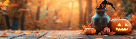 This captivating image embodies the enchantment of Halloween with a stylish witch costume, playful accessories, and a cozy autumnal backdrop A mysterious potion bottle and a jack-o-lantern add festive flair, while the modern fashion blend creates a perfect look for spooktacular parties or photo shoots Capture the essence of fall AI Generativeの素材