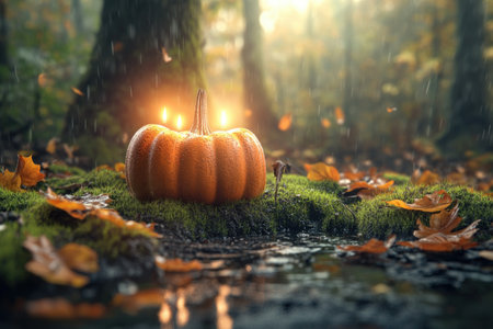 A solitary pumpkin, glowing with an ethereal warmth, illuminates the shadows of a dimly lit forest Autumn leaves blanket the ground, creating a cozy, seasonal atmosphere This enchanting scene, perfect for Halloween decor, evokes the magic of the woods on a crisp autumn night AI Generativeの素材