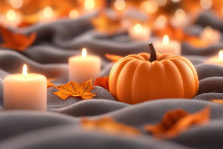 Imagine a dimly lit room bathed in the warm glow of candlelight A glowing pumpkin sits center stage, while a cozy blanket beckons you to snuggle in This autumn scene, with its flickering flames and inviting ambiance, is the perfect inspiration for creating a fall haven filled with warmth and AI Generativeの素材