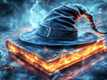 In a room shrouded in darkness, only flickering candlelight reveals a haunting tableau A spectral glow emanates from a witch's hat, perched precariously atop a dusty, ancient spellbook The air crackles with unspoken magic, whispers of forgotten rituals and potent enchantments AI Generativeの素材