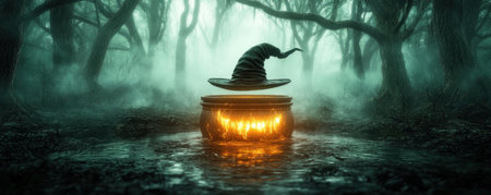 A chilling mist hangs low over a forgotten cemetery, shrouding headstones in shadows A witch's hat, luminescent and eerie, hovers above the fog, casting an unsettling glow Whispers of magic fill the air, hinting at secrets hidden in the darkness AI Generativeの素材