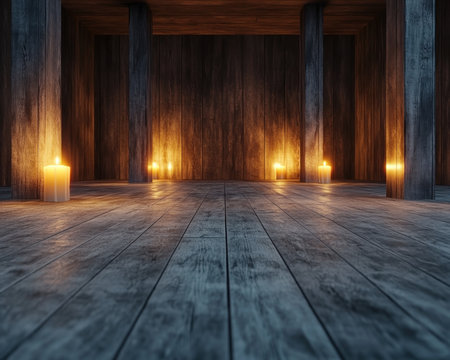 The flickering glow of eerie candlelight bathes a mystical wooden room in an ethereal luminescence Long, dancing shadows stretch across the walls, creating an atmosphere of otherworldly suspense The air hums with a palpable tension, whispering of secrets and hidden dangers AI Generativeの素材