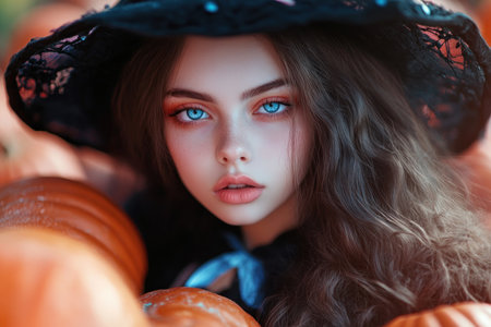 A modern witch, adorned in enchanting attire, stands amidst a whimsical Halloween scene Glowing pumpkins illuminate the backdrop, casting a spellbinding glow The portrait captures the captivating essence of magic and festivity, inviting viewers into a world of enchanting wonder AI Generativeの素材