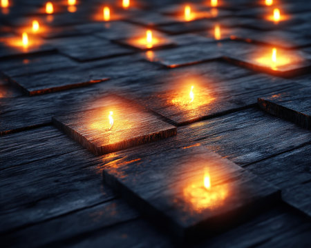 In the hushed darkness, flickering candlelight dances on a dark wooden floor, casting eerie, shifting patterns The mystical glow creates an ambiance of intrigue and mystery, hinting at a spiritual setting The shadows, deep and enigmatic, beckon closer, inviting you to explore the secrets they hold AI Generativeの素材