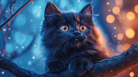 A sleek black cat, eyes blazing with otherworldly energy, perches on a gnarled tree branch in a haunting, moonlit forest Its fur shimmers with an eerie glow, hinting at hidden magic The ancient woods whisper secrets, and the cat's presence is both enchanting and unsettling, a guardian of forgotten mysteries AI Generativeの素材