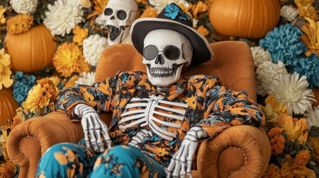 Embrace the spooky chic spirit of Halloween with a playful skeleton dressed in a stylish suit This festive look, adorned with pumpkins, flowers, and a hat, exudes fun and sophistication, making it perfect for a spooktacular holiday party Get ready to turn heads and celebrate in style! AI Generativeの素材