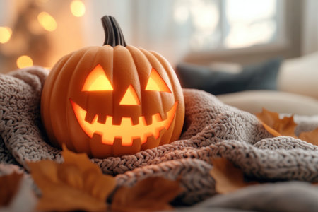 Embrace the spooky spirit with a glowing Halloween pumpkin nestled in a cozy corner Soft blankets and cushions invite you to relax and enjoy the autumn ambiance This charming decor creates the perfect setting for a spooky night in, filled with warmth and Halloween magic AI Generativeの素材