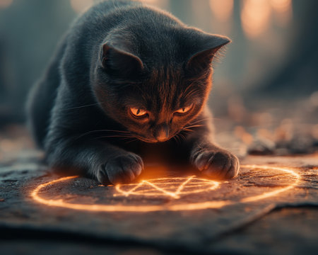 A sleek black cat, eyes ablaze with otherworldly luminescence, stands within a shimmering magic circle Its presence evokes a sense of ancient power, steeped in secrets and the mystical arts A potent symbol of darkness, the cat embodies the alluring and enigmatic allure of the occult AI Generativeの素材