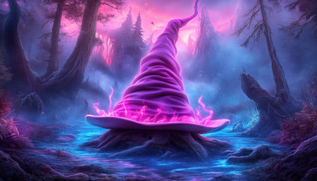 A solitary witch's hat, radiating an eerie glow, floats silently through a haunted forest Moonlight bathes the gnarled trees in an ethereal light, casting long shadows that dance around the magical, yet sinister, artifact This enchanting scene evokes a sense of wonder and unease, leaving viewers captivated by the mystery AI Generativeの素材