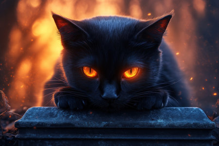 In a haunted graveyard, shrouded in mist, a mystical black cat with piercing, glowing eyes sits atop a moss-covered tombstone The eerie silence is broken only by the rustling of leaves and the cat's watchful gaze This spooky Halloween image evokes a chilling sense of mystery and the supernatural AI Generativeの素材