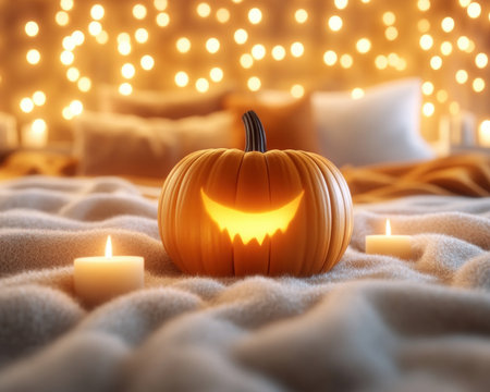 A spooky jack-o'-lantern glows eerily in the warm candlelight, casting an autumnal spell Nestled on a cozy blanket with twinkling lights, the pumpkin creates a chilling yet inviting atmosphere, perfect for a cozy Halloween night Fall decor and warm ambiance combine for a captivating autumn mood AI Generativeの素材