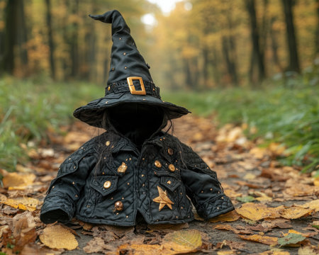 Embrace your inner witch with this modern, playful costume! Featuring a chic black hat and a star-studded jacket, it's perfect for Halloween parties, spooky events, and fall festivities Channel your witchy vibes with this charming and unique costume for a spooky good time AI Generativeの素材