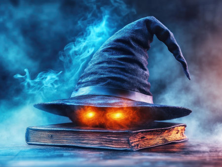 A witch's hat casts an eerie glow upon a haunted spellbook, its pages whispering secrets in a dimly lit room Candlelight flickers, illuminating the air with magical energy The scene teems with occult symbolism, inviting you to unravel the mysteries of the unknown AI Generativeの素材