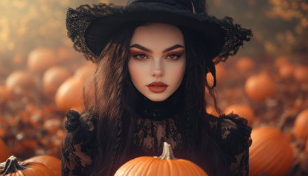 Embrace your inner enchantress with this playful and festive witch costume A black lace dress and wide-brimmed hat create a modern, trendy look, perfect for a spooky Halloween celebration Channel your witchy charm and make a statement with this captivating ensemble AI Generativeの素材