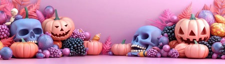 Embrace the festive spirit of Halloween with trendy decor that's both playful and vibrant! Adorn your space with cheerful pumpkins and skulls featuring whimsical patterns and bold colors Create a joyful atmosphere that celebrates the holiday with a touch of modern style AI Generativeの素材