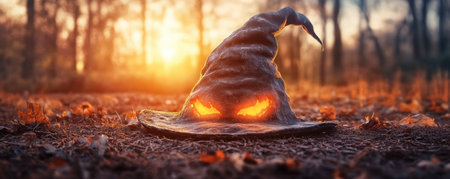 A shadowy forest, thick with secrets, holds a solitary witch's hat Its brim glows with an unearthly light, casting eerie shadows on the gnarled trees Whispers of Halloween magic and ancient mysteries swirl around the hat, tempting the brave to unravel its secrets AI Generativeの素材