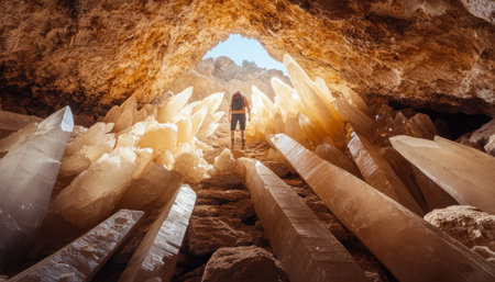 The lone traveler, drawn by whispers of ancient magic, stumbles upon a hidden cave Within, a breathtaking spectacle unfolds: luminous crystals, their ethereal glow illuminating walls etched with cryptic runes The earth's heart whispers secrets, beckoning the traveler deeper into its enigmatic embrace AI Generativeの素材