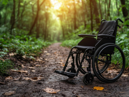 A wheelchair user finds tranquility on an accessible forest path Guided along a serene trail, they bask in the dappled sunlight filtering through the lush canopy The peaceful nature walk offers a moment of serenity amidst the embrace of nature, showcasing inclusivity and accessibility for all AI Generativeの素材