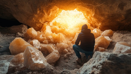 A solitary wanderer, lost in the wilderness, stumbles upon a hidden cave, its entrance shimmering with an ethereal light Inside, a chamber of glistening crystals and ancient symbols pulsates with mystical energy The traveler, captivated by the breathtaking beauty and whispered secrets, is drawn into the cave's embrace AI Generativeの素材