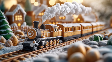 A charming gingerbread train chugs through a frosty winter village, leaving a trail of powdered sugar This festive scene is a miniature wonderland, perfect for holiday decor Sweet treats, holiday spirit, and winter fun all come together in this charming gingerbread creation AI Generativeの素材