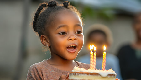 A little girl's birthday is a whirlwind of joy Her eyes sparkle as she blows out the candles on her cake, her bright smile illuminating the room Innocent laughter fills the air, a testament to the pure happiness of this special day AI Generativeの素材