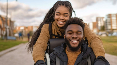 A quiet path unfolds before a loving couple, their smiles a testament to their enduring bond The woman gently pushes her partner in a wheelchair, their shared joy radiating in the tranquility of the moment Their unwavering support shines through, creating a picture of love and strength AI Generativeの素材