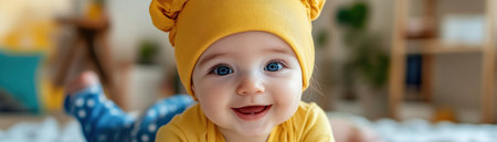 A radiant baby boy, wearing a sunny yellow hat, beams with pure joy Captured in this heartwarming portrait, he embodies the love and care of his mother, showcasing the innocent happiness of infancy This adorable image celebrates the precious bond between parent and child, highlighting the beauty of babyhood and AI Generativeの素材