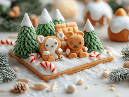 Step into a whimsical winter wonderland with this adorable gingerbread forest Candy cane trees stand tall, while playful animal figurines frolic among the sugary landscape A perfect festive Christmas decoration or a sweet inspiration for holiday baking, this scene captures the magic of the season AI Generativeの素材