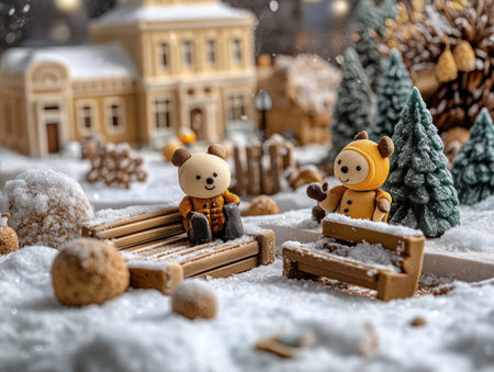 A miniature winter wonderland awaits! A charming gingerbread city park bursts with festive cheer Frosted benches invite cozy gatherings, while gingerbread people frolic in the snowy landscape Tiny houses, complete with candy cane fences, create a delightful scene AI Generativeの素材