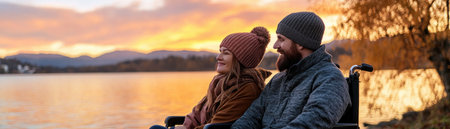 A couple, one in a wheelchair, bask in the golden glow of sunset by a serene lakeside Their faces radiate joy, their love palpable in the peaceful surroundings The moment captures the essence of a loving connection transcending physical limitations, embracing nature's beauty AI Generativeの素材