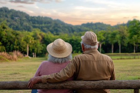 Hand in hand, an elderly couple finds solace in a tranquil garden Surrounded by nature's vibrant hues, they bask in the warmth of each other's love, their wrinkles etched with years of shared joy Time stands still as they breathe in the serenity, their hearts overflowing with contentment and peace AI Generativeの素材