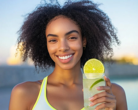 Quench your thirst and revitalize your body with refreshing lime water, the perfect post-workout hydration solution This invigorating drink replenishes fluids, aids recovery, and promotes overall well-being Stay hydrated, feel refreshed, and maximize your fitness journey with every sip AI Generativeの素材