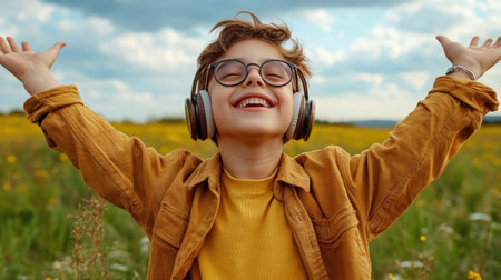 A young boy, bathed in sunshine, stands with open arms in a verdant field His headphones blast happy music, his smile radiant as he embraces the serenity of nature The wind whispers through the grass, carrying his joy and contentment as he revels in the freedom of the moment This AI Generativeの素材