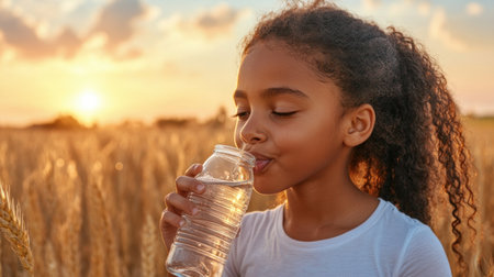 As the sun dips low, casting a golden glow over the wheat field, a woman finds solace and refreshment She sips from a water bottle, her body and mind revitalized This simple act of hydration symbolizes a commitment to wellness, a mindful moment of replenishment amidst nature's beauty AI Generativeの素材